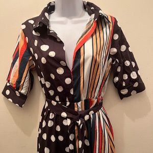 Shein Polka-dot & Striped Split Thigh Belted Dress